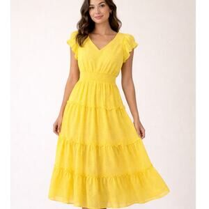 Jessica Simpson Yellow Floral Midi Dress Large Smocked Waist Ruffle V-Neck